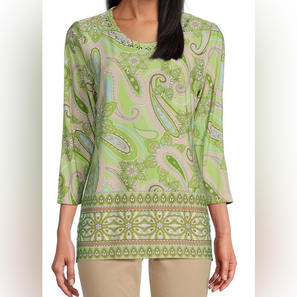 NEW Petite PM Allison Daley Embellish Paisley Border Print 3/4 Sleeve Top $59